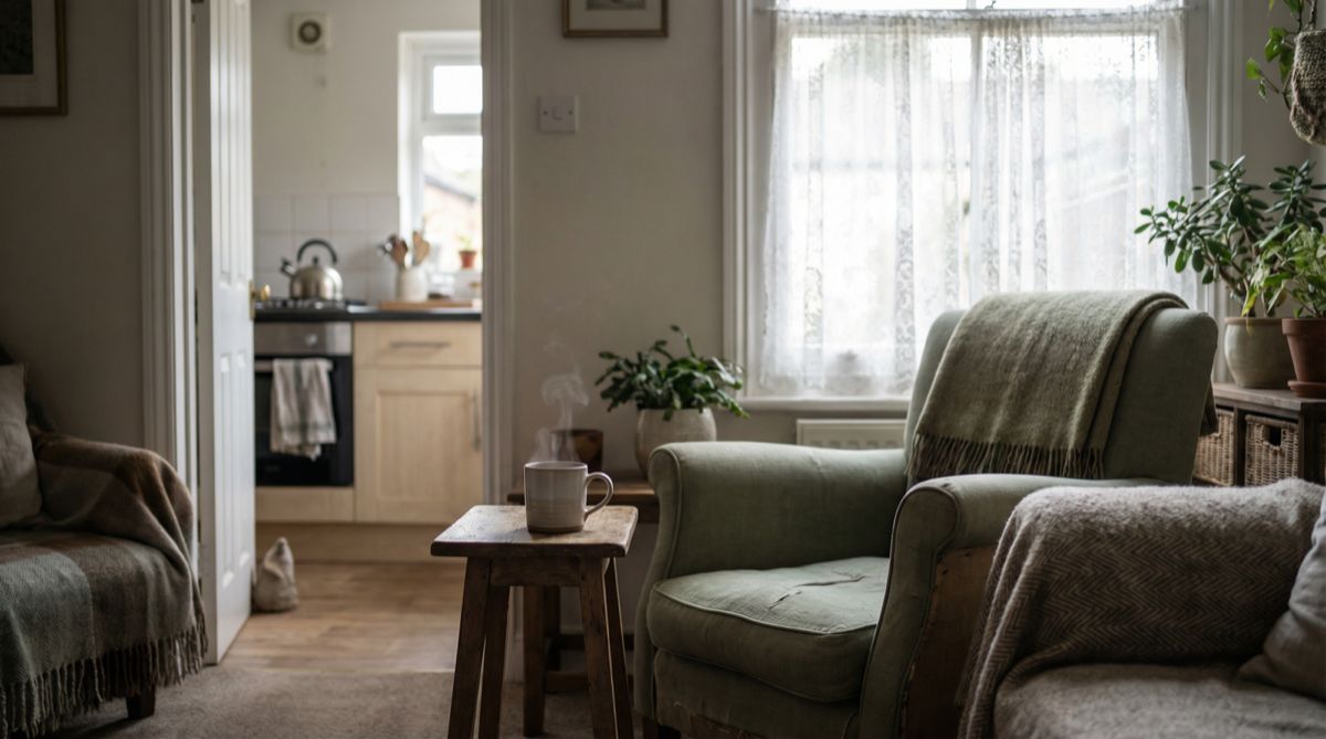 A warm, sunlit living room with a green armchair, a steaming cup of tea, and net curtains — the kind of home Signal Homecare helps keep safe