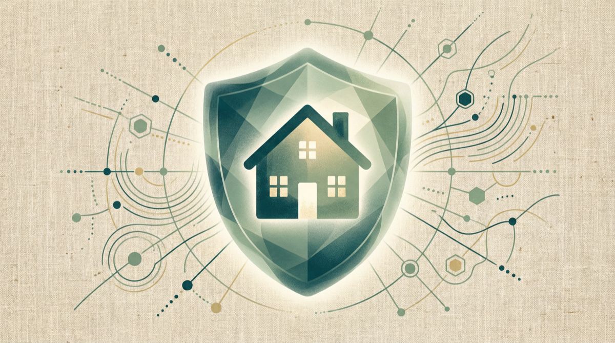 An abstract illustration of a home silhouette inside a translucent shield, with gentle geometric connection lines in teal and sage green