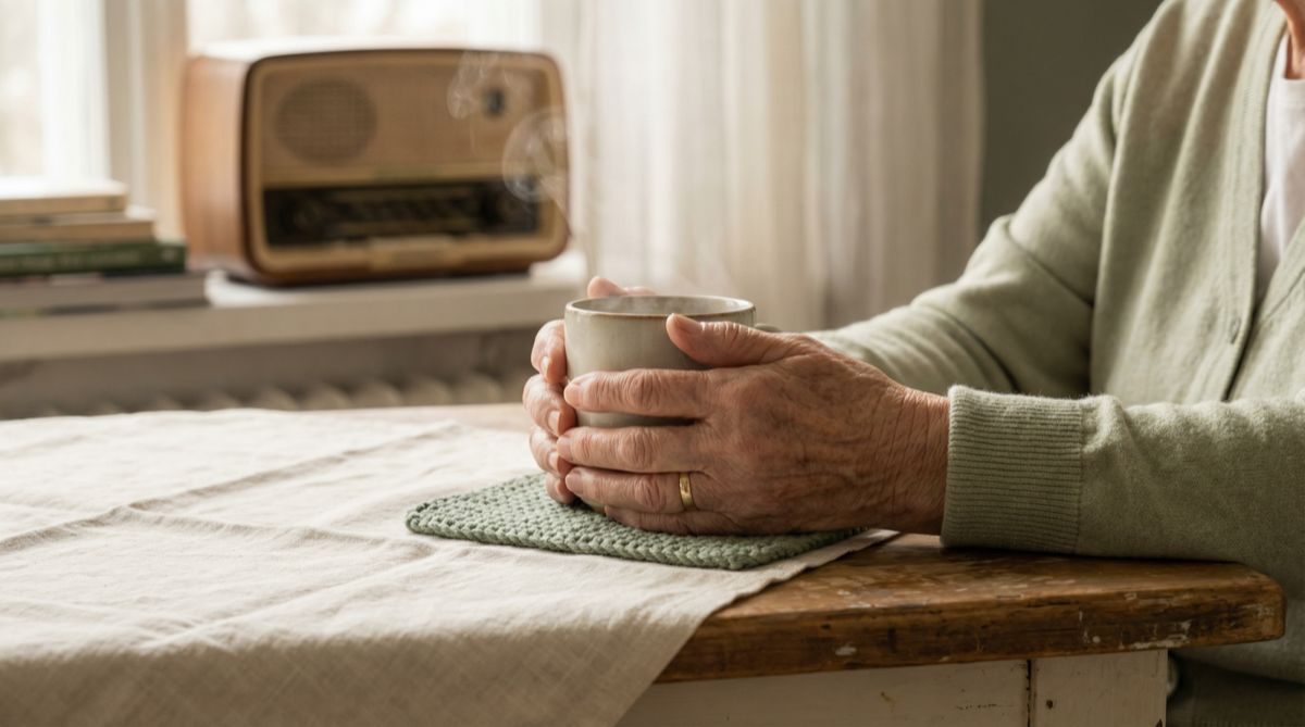 An older person's hands holding a warm cup of tea at a kitchen table, with a radio softly playing in the background